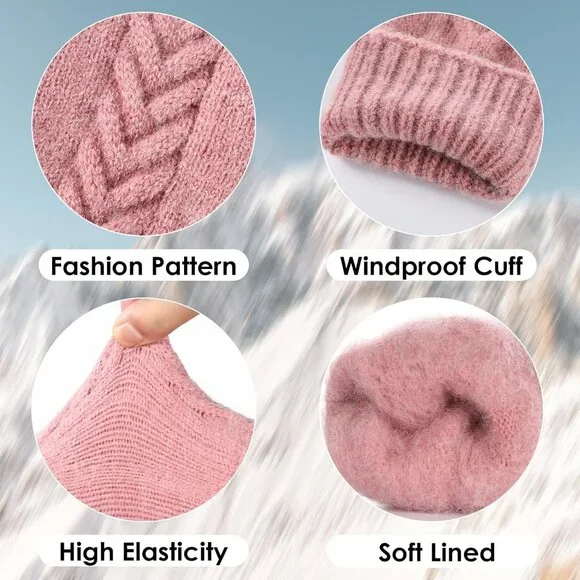 Women's Pink Knit Lined Winter Warm Touch Screen Elastic Stylish Gloves